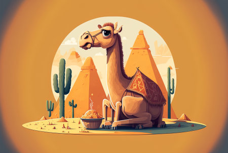 Cute camel sitting in hunger in a cartoon animal drawing in flat styleの素材