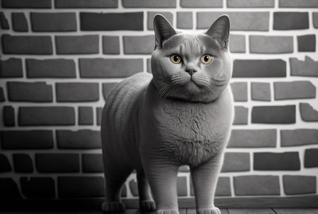 Cute British shorthair cat with a monochromatic wall in the backgroundの素材