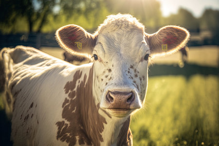 Cute young cow in the summertime on a farmの素材