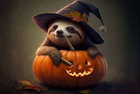 Cute animal painting sloth creature in a pumpkin with a witch hat for Halloweenの素材