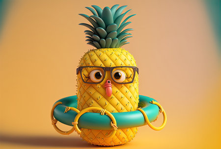 Cute pineapple figure mascot in hipster manner with a life buoy on a yellow backdropの素材