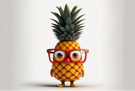 Cute pineapple figure mascot in hipster manner with a red heart on a white backdropの素材