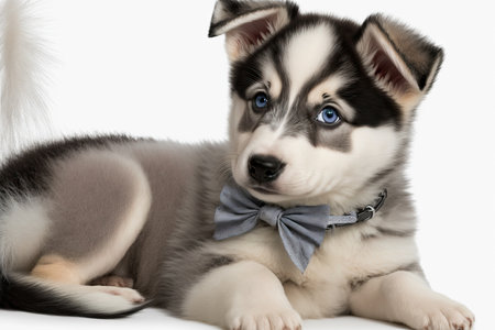 Cute shepherd husky mix puppy lying on a blanket while wearing a bow tieの素材