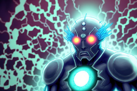 Cyborg on blurred background creating and analyzing nanovirusの素材