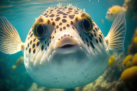 Cute puffer fish face up close and in the front viewの素材