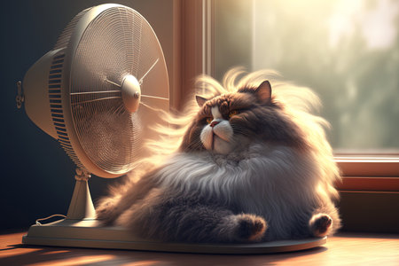 Cute fluffy cat enjoying the breeze from a tabletop fan indoors. heat of summerの素材