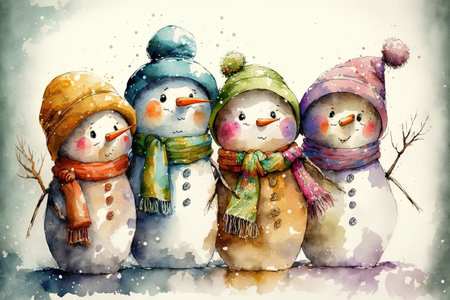 Cute cartoon style snowmen in watercolor. an amateurish hand drawn imageの素材