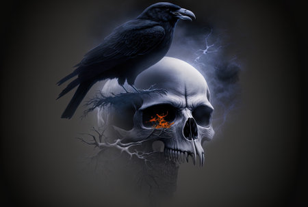 Dark backdrop for Halloween with a dead fog skull and a ravenの素材