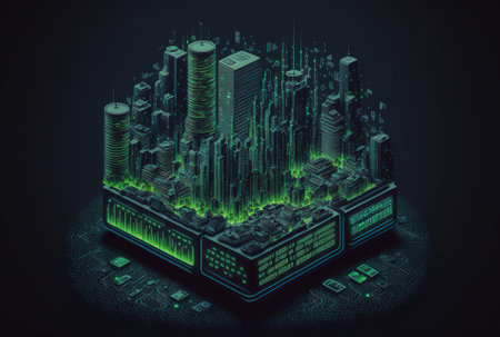 Data center and database icons, as well as a concept of a smart urban metropolisの素材