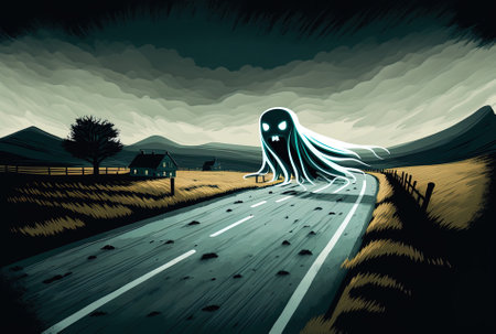 Dark ghost hovering above a rural roadの素材