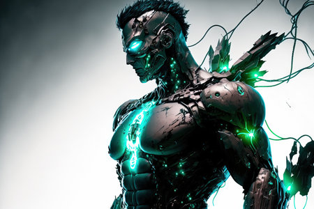 Cyborg with moody, 80s blue green lightingの素材