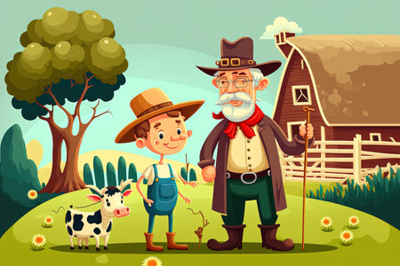 Daytime agricultural scene with an elderly farmer and farm animalsの素材