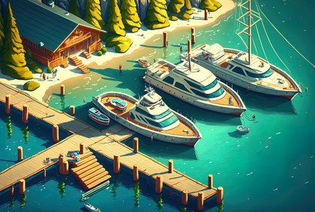 Daytime high angle photo of lovely yachts docked in the clear lakeの素材