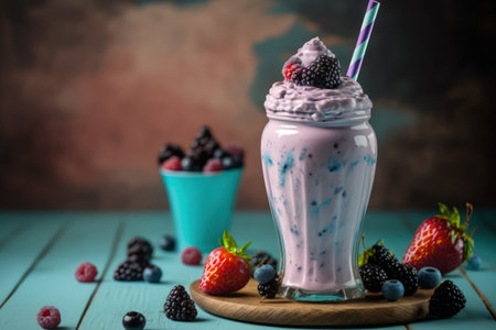 Delicious fresh milkshake with berries on a table made of light blue woodの素材