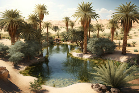 Desert oasis complete with palm palms and water,の素材