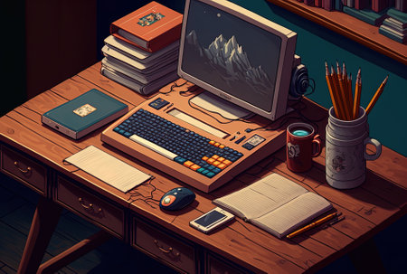 Top view of an office desk with a computer, books, a cup of coffee and a bookの素材