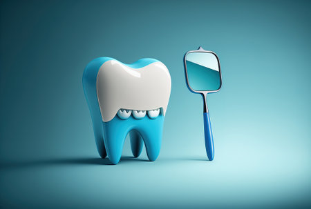 Dental care dentist concept with a tooth symbol and a tool or examination mirrorの素材