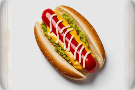 Delicious hot dog with ketchup and mustard on a white backgroundの素材