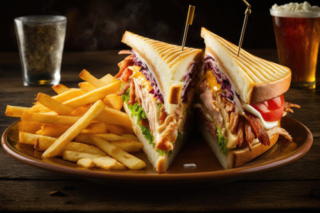 Delicious club sandwich with french fries at a dinerの素材