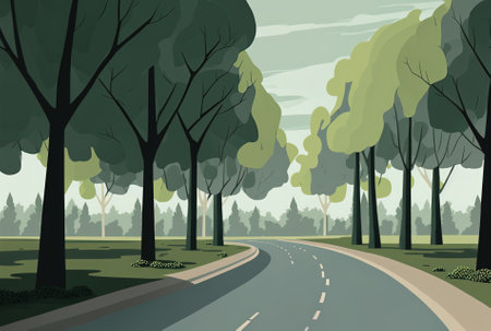 Gray road with green trees under hazy skyの素材