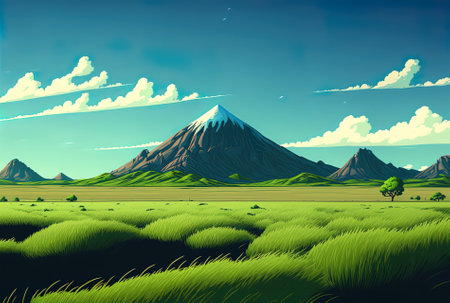 Green grass field is seen near a mountain under a blue skyの素材