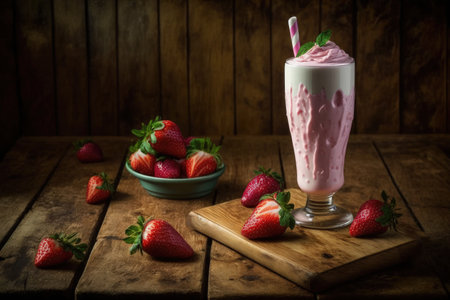 Delicious strawberry smoothie in a glass on a wooden tableの素材
