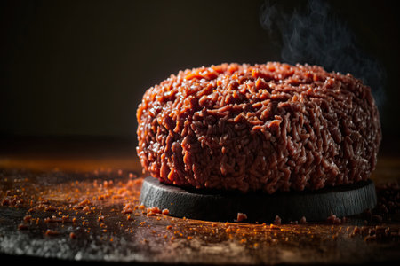 Detailed close up of minced meat (beef) against a dark wooden backdropの素材
