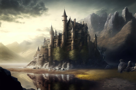 Digital artwork of a medieval castle in a fantastical mannerの素材