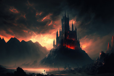Digital artwork of a dismal hellish atmosphere and a dark castle in a valleyの素材