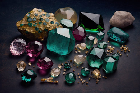 Diamonds and emeralds, crystals and rubies, raw gemstones for jewelryの素材