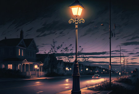 During the night, a vertical photo of a light post near the road was takenの素材