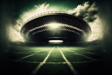 Dramatic professional American football arena with green grass and rays of lightの素材