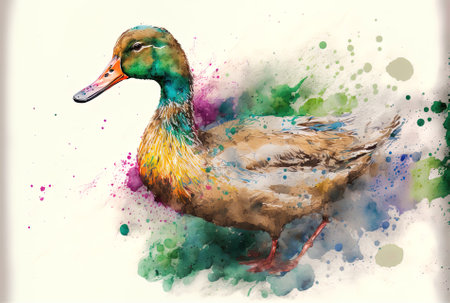 Duck from a watercolor splash, realistic colored artwork. Paints in a graphicの素材