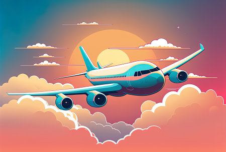 During sunset, passengers aboard a commercial aircraft are flying over cloudsの素材