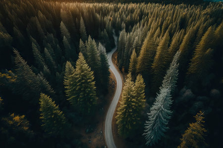 Drone picture of a narrow lane between woodlandの素材