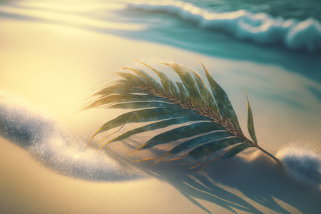 Dreamy sandy beach in soft focus with a palm tree leaf and glistening wavesの素材