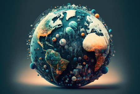 Earth in a stylised graphic image with logos for big data and cloud computingの素材