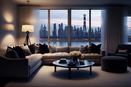 Elegant Penthouse Living Room with City and Lakefront Skyline Viewsの素材