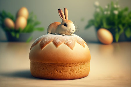 Easter baking created at home. Easter Bunny Bun on a flat, white, textured backgroundの素材