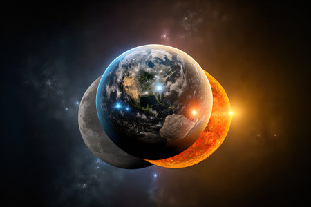 Earth, the moon, and the sun star are all in orbit. cosmological contextの素材