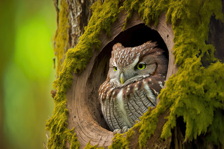 Eastern Screech owl in Quebec, Canada, sleeping in a tree hollowの素材