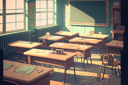 Empty desks in the classroomの素材