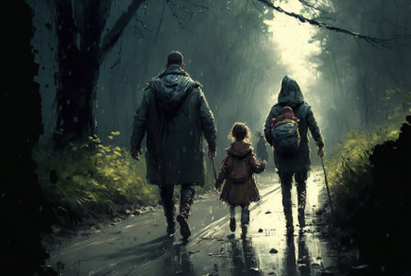 Family traversing a road in the rainの素材