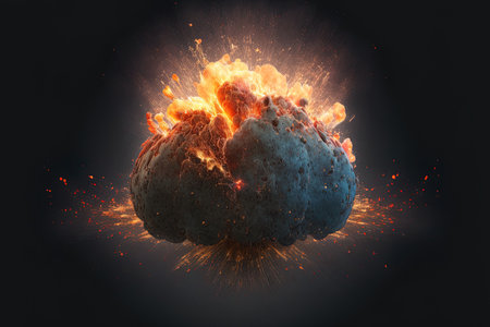Explosion of a fiery bomb with sparks, isolated against a dark backgroundの素材