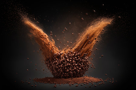 Explosion of roasted coffee beans in ground coffee against a dark backgroundの素材