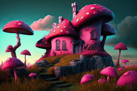 Fanciful rural setting with hot pink mushroomsの素材