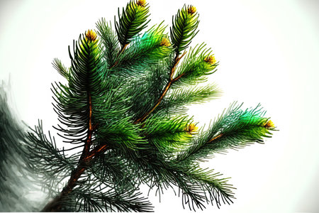 Fir tree branch in green, isolated on white. limb of a Christmas treeの素材