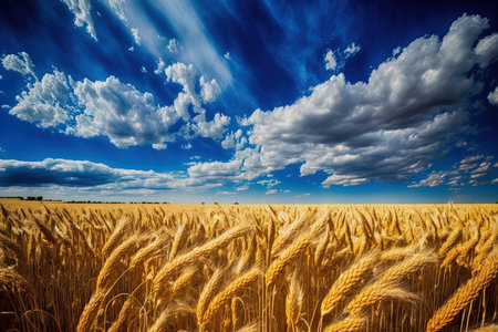 Field of Golden wheat under the blue sky and cloudsの素材