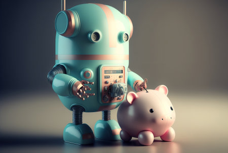 Financial technology illustration featuring a toy robot holding a piggy bankの素材