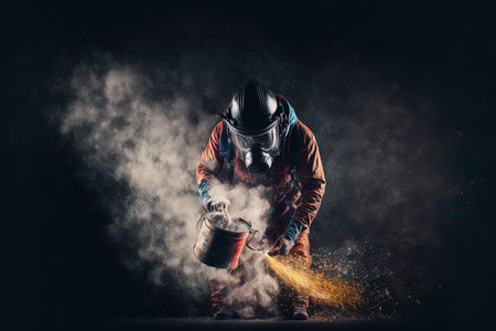 Firefighter putting out a fire with a powder type extinguisherの素材